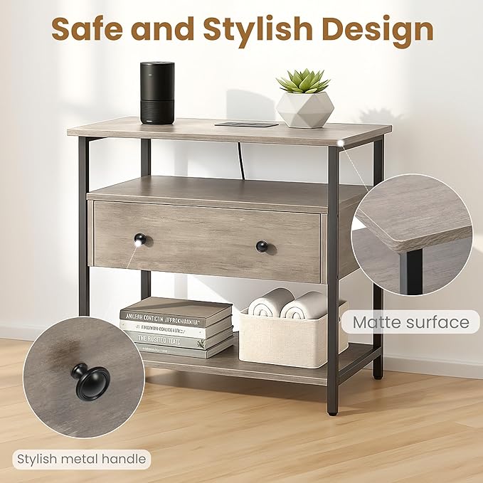 27 Inch Wide Night Stand Set 2 with Charging Station, Wood Nightstand with Open Shelf, Large Drawer Bedside Table for Living Room/Bedroom/Office(Rustic Gray)