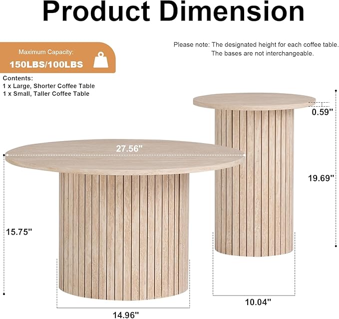 Round Nesting Coffee Tables Set of 2 -φ27.6 Large Short + φ15.8 Small Tall Boho Circle Side Tables with Fluted Drum Design, Beige