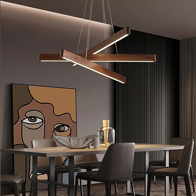 3-Light Linear Pendant,Dining Room Light Fixture,Modern Led Chandeliers for Living Room,Dimmable Wood Ceiling Pendant Light,45W for Living Room,Dining Room,Kitchen Island,Walnut Color