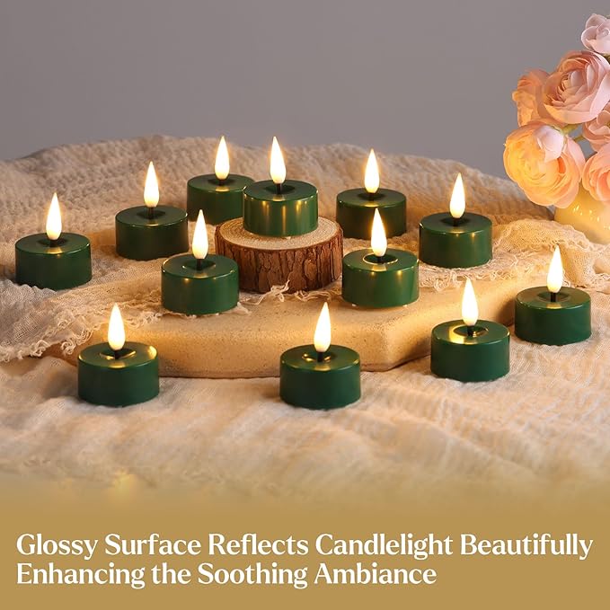 Eywamage Green Christmas LED Tealights with Remote Batteries, Flickering Flameless Tea Lights Votive Candles Set of 12