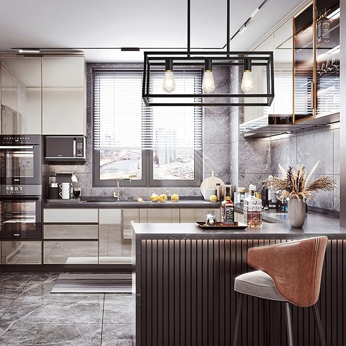 XILICON Kitchen Island Lighting 3 Black Farmhouse Modern Linear Chandelier Industrial Dining Room Rectangular Light Fixtures for Living Room Foyer Bar