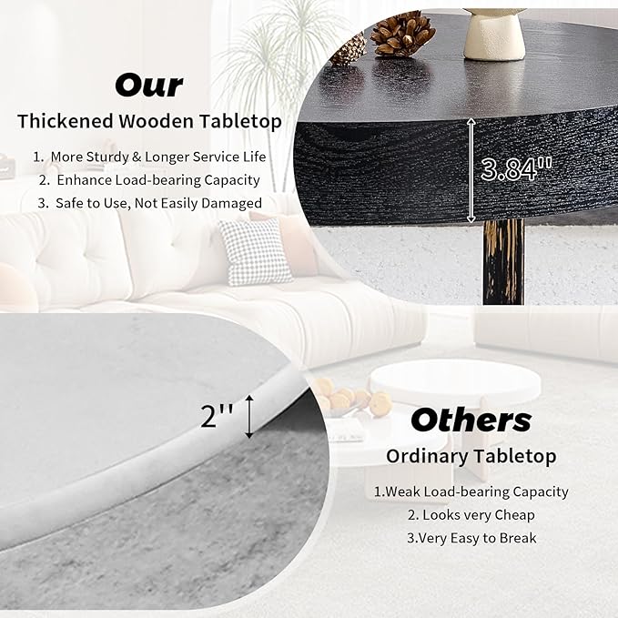 LKTART 31.5'' Round Coffee Table for Living Room, Modern Wood Handcraft Drum Coffee Table with Storage, Stainless Steel Legs Tea Tables, Apartment Small Space, Black
