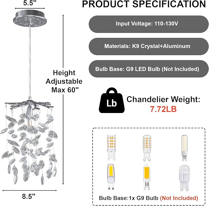 YUYI Modern Crystal Chandelier, 8.3" Silver Tree Branch Chandelier for Dining Room, Luxury Raindrop Pendant Light Fixture for Living Room, Kitchen Island, Bedroom, Foyer, 1 Light
