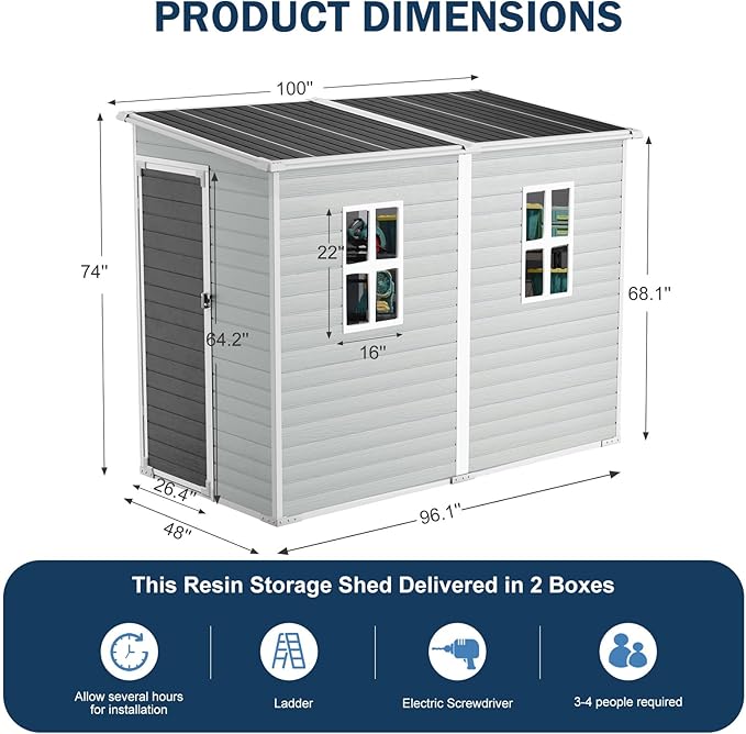 CDCASA 4x8 FT Resin Lean to Shed, Waterproof Outdoor Storage Sheds with Floor & Lockable Door & Window, Sloped Roof Outside Plastic Tool Shed for Backyard, Patio, Poolside, Lawn, Grey