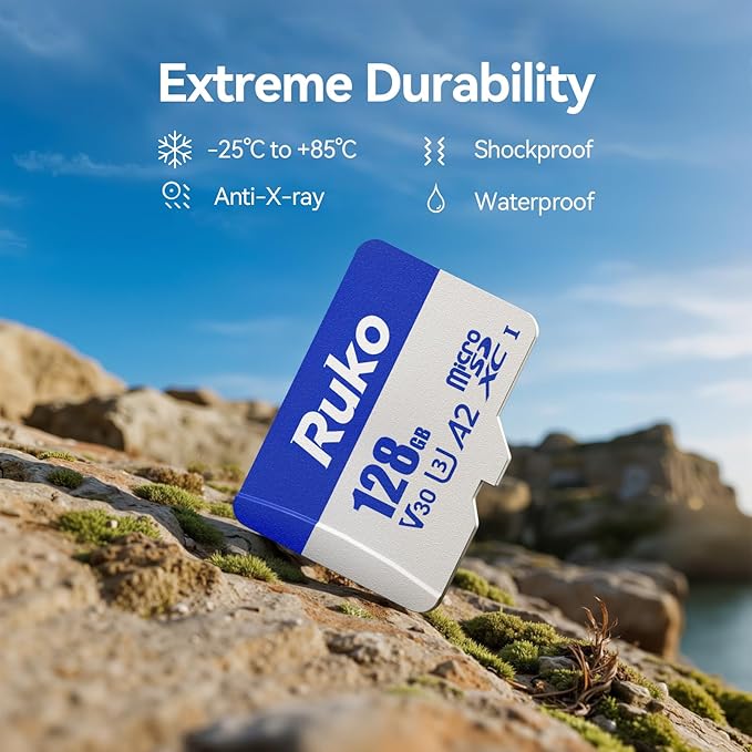 Ruko 128G Micro SD Card with Reader & Adapter, Memory Card Speed Up to 100MB/s, UHS-I, C10, A2, U3/V30, 4K UHD, Long-Lasting TF Card for Camera, Smartphone, Drone, Gaming Console