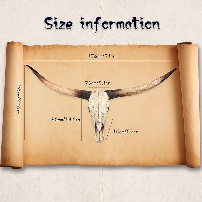 Cow Skull Wall Decor,Long Horn Cow Skull Wall,Resin Skull Sculpture Wall Hanging Art,Faux Taxidermy Head Wall Decor,Bull Skull Wall Decor for Rustic Farmhouse Style,Home Office-71Inch (jumbo Brown )