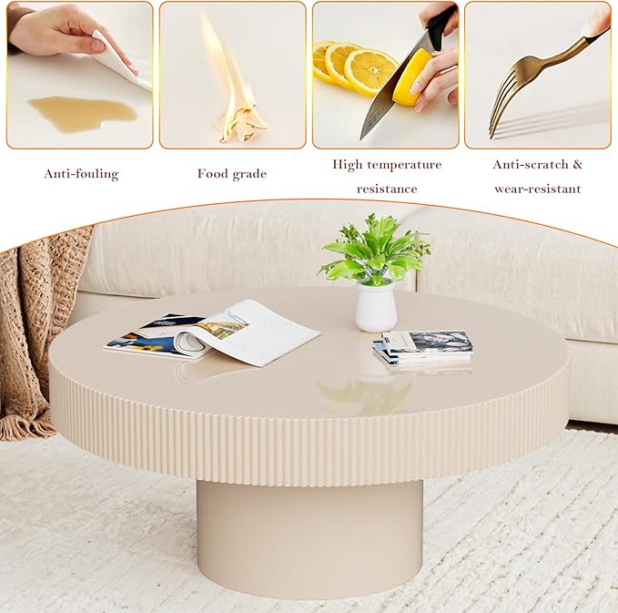 Handcrafted Round Drum Coffee Table Modern Luxury Spacious Fluted Center Table for Small Space - Home Office Apartment (White Thin)