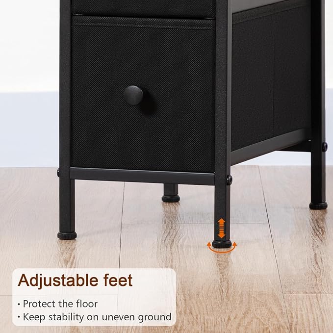Narrow Nightstand with Charging Station, End Tables Living Room Set of 2, Skinny Side Table with Fabric Drawers, Small Sofa Table with LED Light for Bedroom, Black, HETNDP02LBK