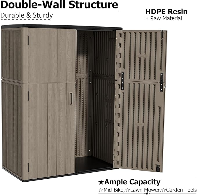 ZZM 57 Cu.ft Outdoor Storage Shed with Floor HDPE Double-Wall Resin Sheds Outdoor Storage, Lockable Weatherproof Storage Cabinet Fit for Garden Tools, Garage can, Bike, Patio Furniture, Coffee