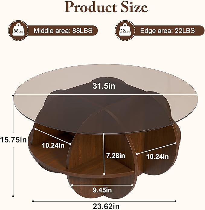 Modern Round Coffee Table, 31.5'' Glass Coffee Tables for Living Room with Storage ，Walnut Brown Circle Center Table with Tempered Glass-Top and Wooden MDF Frame, for Small Spaces (Walnut Style 2)