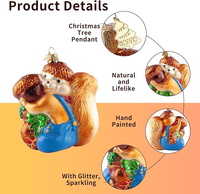 Squirrel Christmas Tree Ornaments,Hand-Blown Glass Christmas Ornaments,Personalized Squirrel Collection Hanging Ornaments,Glass Hanging Decorations for Animal Lovers Holiday Party Home Gifts