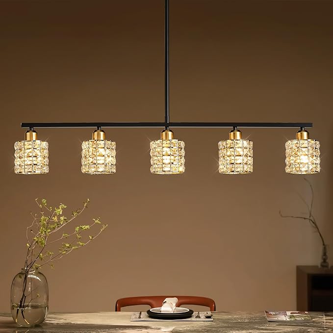 5-Light Linear Crystal Chandelier, Black and Gold Dining Room Light Fixtures Over Table, Adjustable Height Farmhouse Pendant Lights Kitchen Island for Dining Room