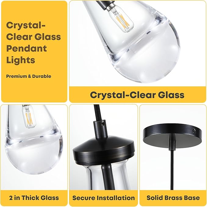 2 Pack Pendant Light for Kitchen Island, Raindrop Black Modern Crystal Glass Pendant Lights, Pendant Lights in Kitchen Island, E12 Bulb Indoor Island Pendant Lights,for Dining Room,Living Room