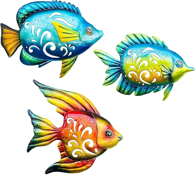 Weibefee Coastal Wall Decor, Ocean Sea Metal Fish Wall Christmas Decor, Hanging Wall Art Christmas Decorations Gift for Indoor Outdoor, Beach Nautical Tropical Fish Wall Sculpture for Pool Bathroom Bedroom Patio