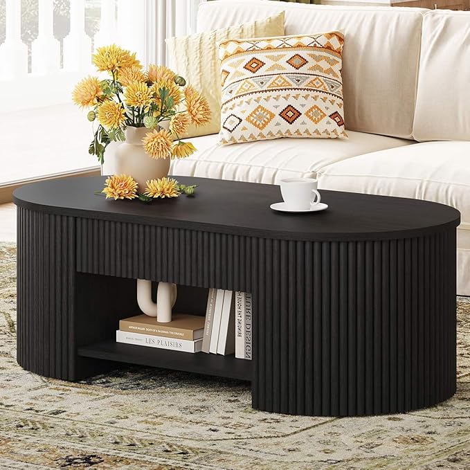 FATORRI Coffee Table for Living Room Storage, Modern Wood Fluted Center Table with Drawer, Mid-Century Oval Living Room Tables with Shelf (Black, 43.31 Inch)
