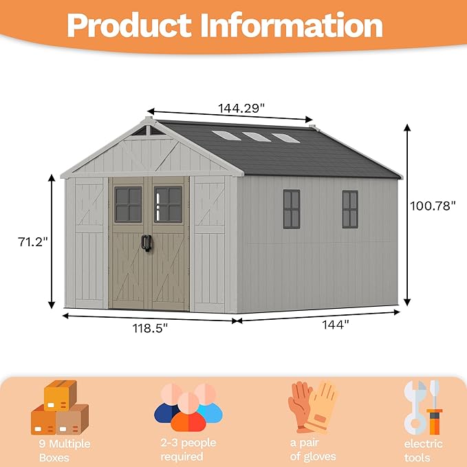 Devoko 10x12 FT Resin Outdoor Storage Shed with Floor, Plastic Tool Garden Shed with Windows & Lockable Door, Outside Large Storage Shed for Patio Backyard Lawn, Beige