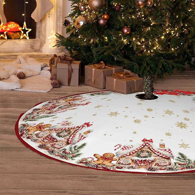 Christmas Tree Skirt 36Inches Christmas Gingerbread Sweet Candy Lollipop Xmas Tree Skirt Mat for New Year Holiday Christmas Party Red Gold Decorations (Red, 36in)