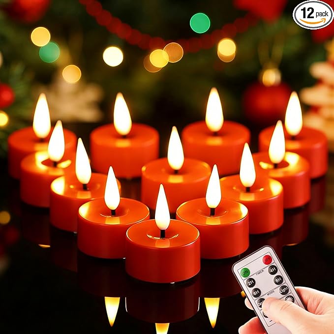 Eywamage Red Christmas LED Tealights with Remote Batteries, Flickering Flameless Tea Lights Votive Candles Set of 12