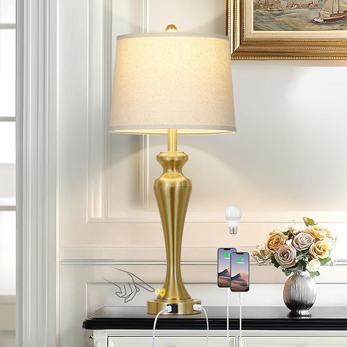 30 Inch Gold Table Lamp Single, 3-Way Dimmable Touch Lamp for Nightstand with USB A+C Ports and AC Outlet, Tall Bed Side Lamps for Living Room, Modern Brass Lamps for Bedroom Side End Table