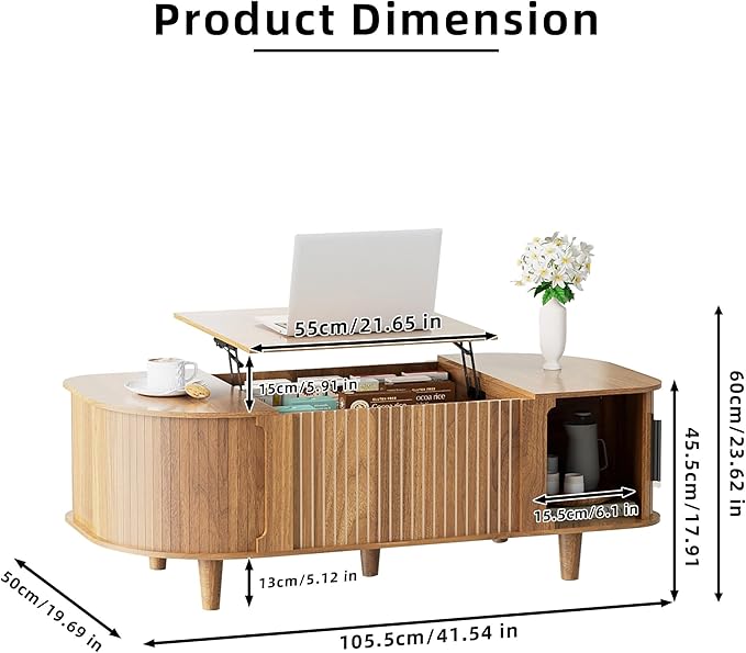Oval Lift Top Coffee Table, Mid Century Modern Center Table with 3 Hidden Compartment, Coffee Tables with Storage Open Shelf and Sliding Cabinet Door for Home Living Room Office (Walnut)
