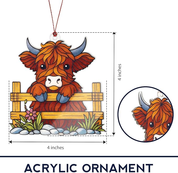 Highland Cow Ornaments, Highland Cow Gifts, Christmas Ornaments 2025, Cute Christmas Ornament, Farmhouse Xmas Orrnaments, Suncatcher Effect Stained Glass Window Hanging, Xmas Tree Hanging Decoration