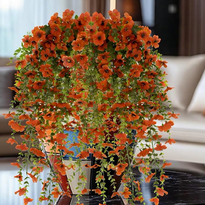 EROCK Artificial Flowers for Outdoors, 4PCS Fake Silk Hanging Flowers for Decoration UV & Fading Resistant, Realistic Faux Plants & Flowers for Porch Patio Balcony Window Box Home Decor (Orange)