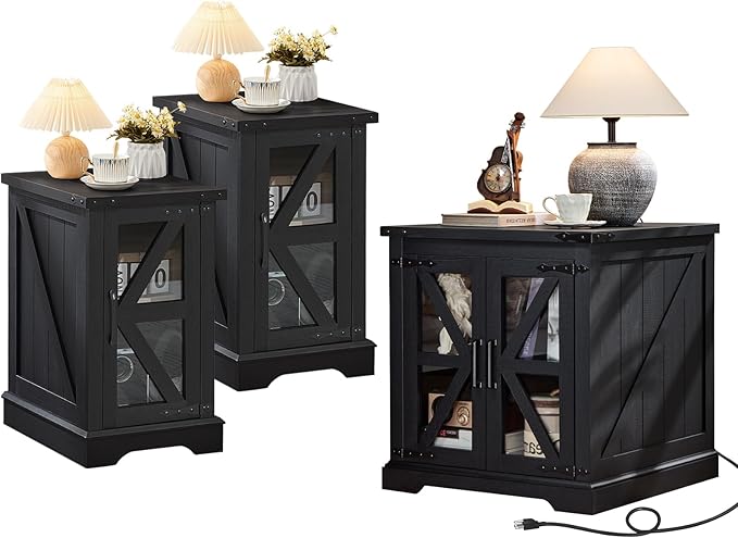 End Tables Living Room Set 3, 18'' Night Stand and 24" Square Side Table with Charger Station, Wood Furniture Sets, Nightstand Bedside End Table for Bedroom
