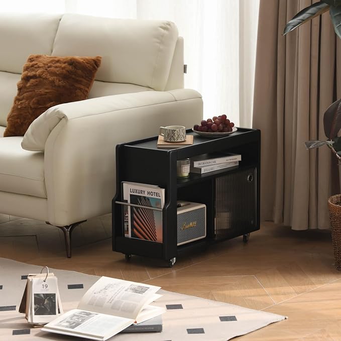 Solid Wood Side Table with Wheels, Narrow Side Table with Storage, Rolling Bedside Table for Bedroom Living Room Dining Room(Black, 27.95" D x 11.42" W x 19.88" H)