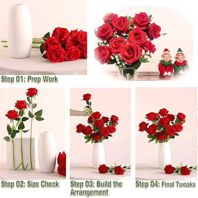 10 Stems Artificial Roses Bouquet with 4pcs Artificial Baby's Breath 6pcs Artificial Eucalyptus Leaves Stems, for Silk Floral Arrangement or Space Decoration (Red)