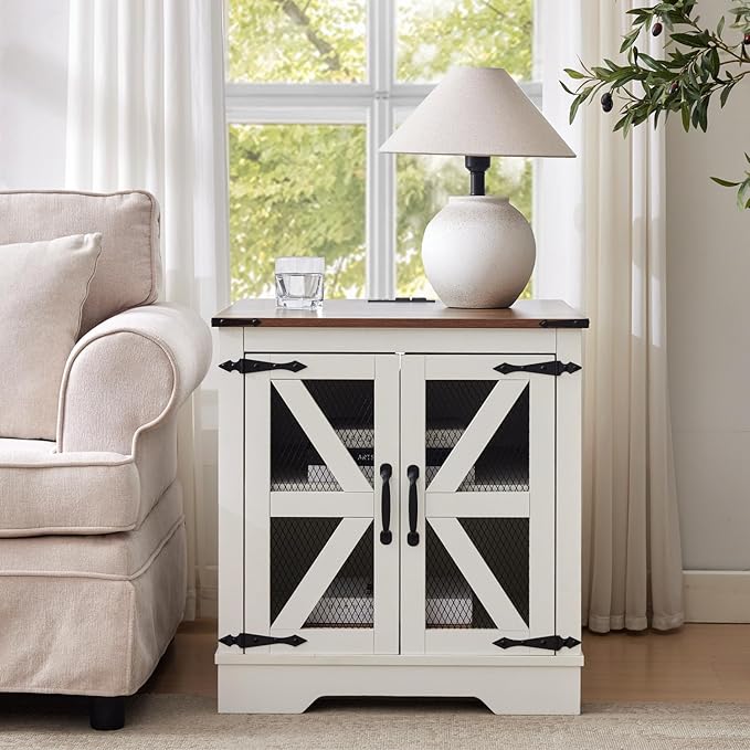 Large Farmhouse End Table Set of 2 with Charging Station and Mesh Barn Door, Rustic White Wood Nightstand with Storage Shelf for Living Room & Bedroom