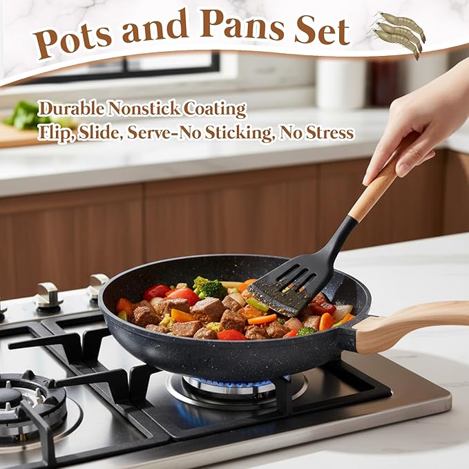 20 Pcs Pots and Pans with Silicone Kitchen Utensils Set Non Stick Cookware Granite Cooking Kitchen Spatula Set with Holder(Black)