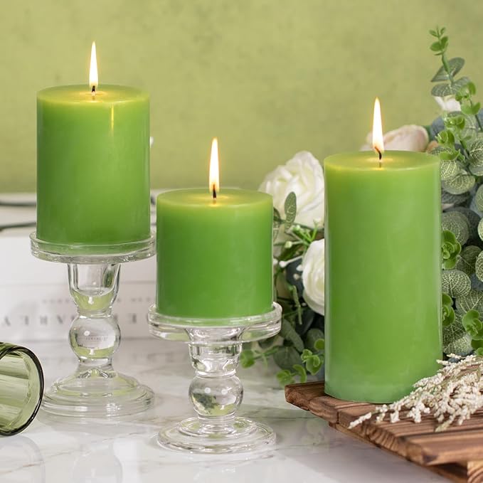 KONNI Green Pillar Candles Set of 3, 3"x 4" Unscented Pillar Candles Bulk, 39 Hours Long Burning Candles, Smokeless&Dripless Large Round Candle for Wedding, Home Decoration, Parties, Spas, Dinner