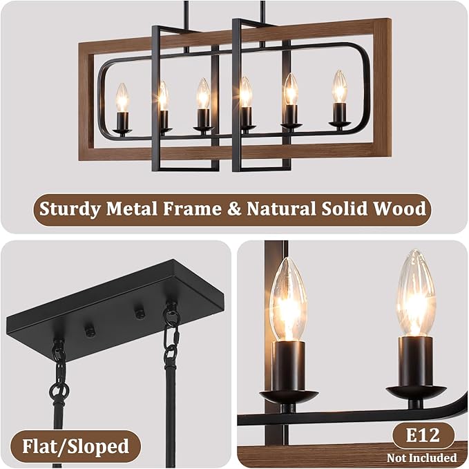 Farmhouse Dining Room Light Fixtures Over Table, 6-Light Rustic Wood Chandeliers Rectangle Kitchen Island Lighting Hanging Pendant Lights Kitchen Chandelier Adjustable Height