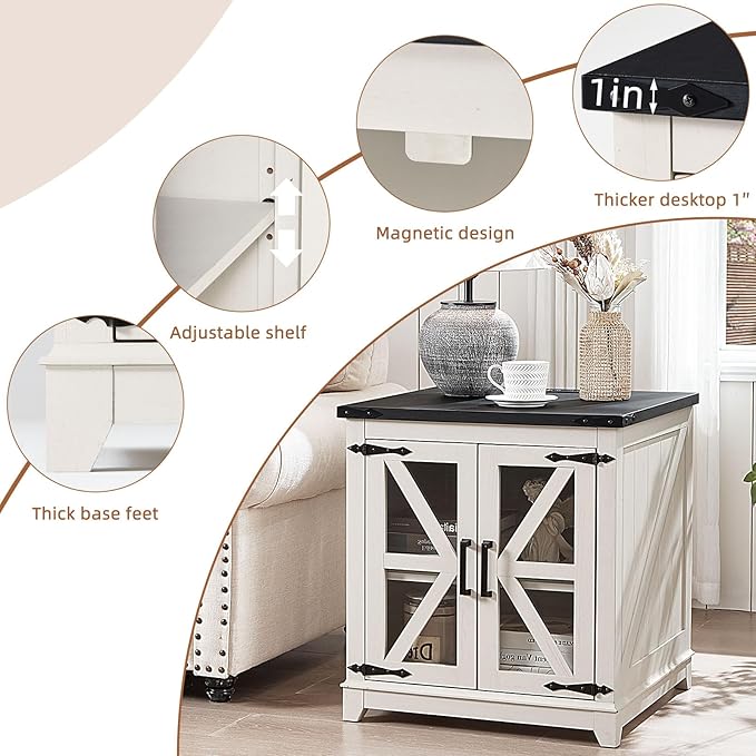 Farmhouse End Table,24" Large Sofa Side Table with Charging Station Glass Barn Door,Wood Nightstand with Adjustable Storage Shelf,Square Bedside Table for Living Room,Bedroom,Office-White