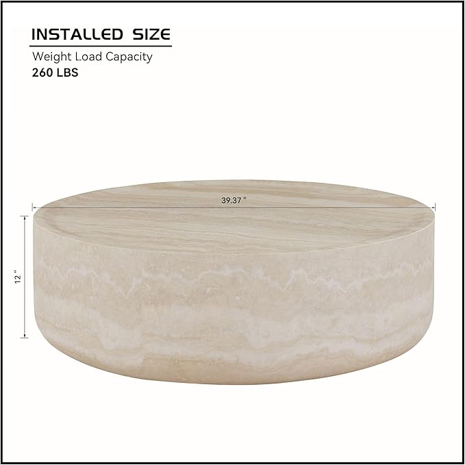 Round Mars Pattern Faux Marble Coffee Table, Modern Drum End Table for Living Room, No Assembly Required, Fiberglass Circle Coffee Table for Apartment (ø39.37" x 12")