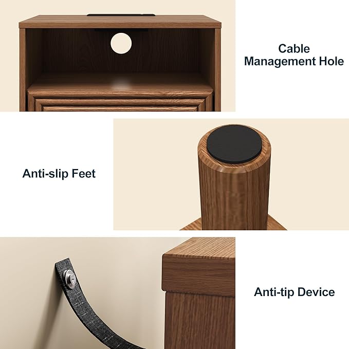 RoyalCraft Nightstand with Charging Station, Modern Side Table with Door, Accent End Table with Solid Wood Legs, Bedside Table for Bedroom, Entryway, Brown
