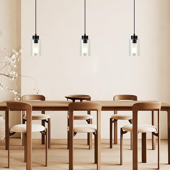 Pendant Lights Kitchen Island 3 Pack, Modern Black Hanging Lights Fixtures with Clear Glass Globe Shade, Kitchen Island Lighting for Bathroom