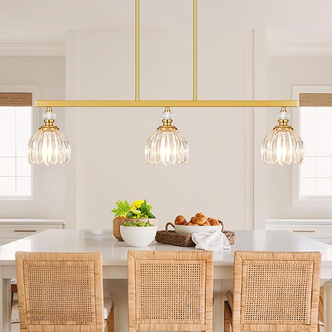 Gold Island Light for Kitchen, 3-Light Linear Chandelier for Kitchen Island with Tulip Glass Shades, Brushed Gold Finish Hanging Light Pendant Fixture Over Dining Table