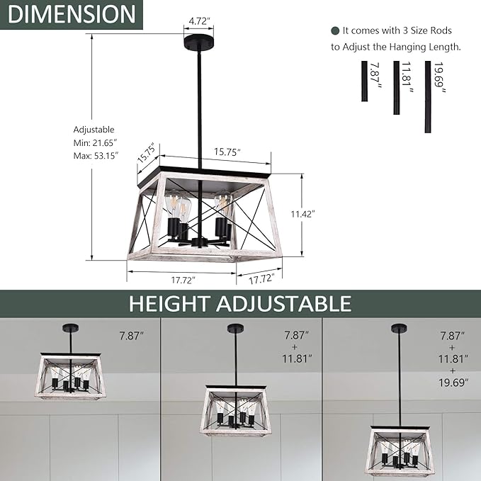 Luupyia Farmhouse Pendant Light Fixture, 4-Lights, Adjustable, Rectangular Rustic Chandeliers Farmhouse Light Fixture Vintage Island Lighting for Dining Room, Entryway and Living Room Beige