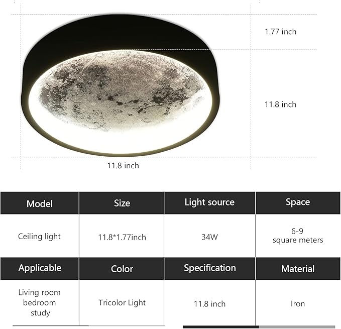 Flush Mount Ceiling Light,Led Dimmable Ceiling Light Fixture with Remote Control,11.8 "Wall Mounted Decorative Moon Ceiling Lights for Bedroom,Hallway and Bedside.(34W