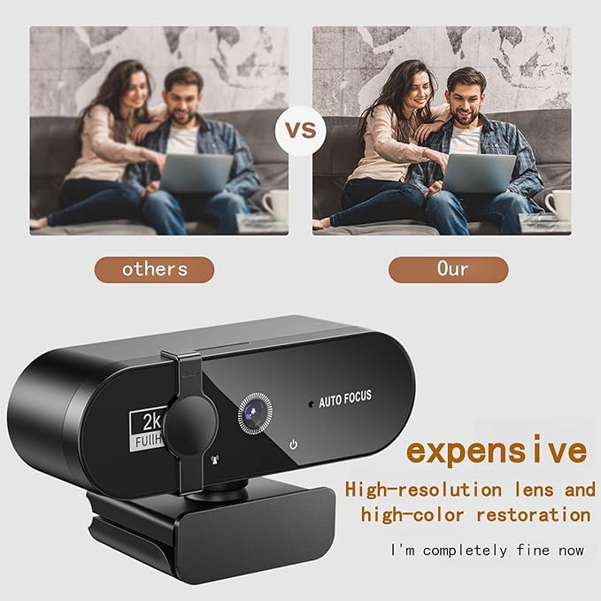 Full HD Webcam with Microphone, 2K Webcam for PC, 90° FOV, Dual Microphone Streaming Web cam for Clear Stereo Audio, Plug and Play USB Web cam for Zoom/Skype/Teams, Conferencing and Video