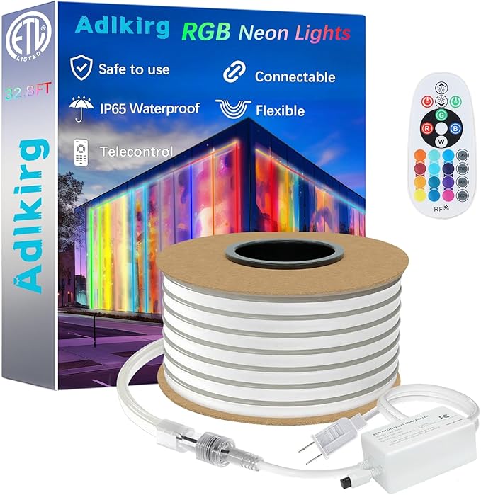 32.8ft RGB Neon Rope Light with Remote - Dimmable Waterproof LED Strip Lights for Indoor & Outdoor, Premium Expandable Lighting to Create Vibrant Atmosphere in Bedroom, KTV, Bar Decor - ETL Certified
