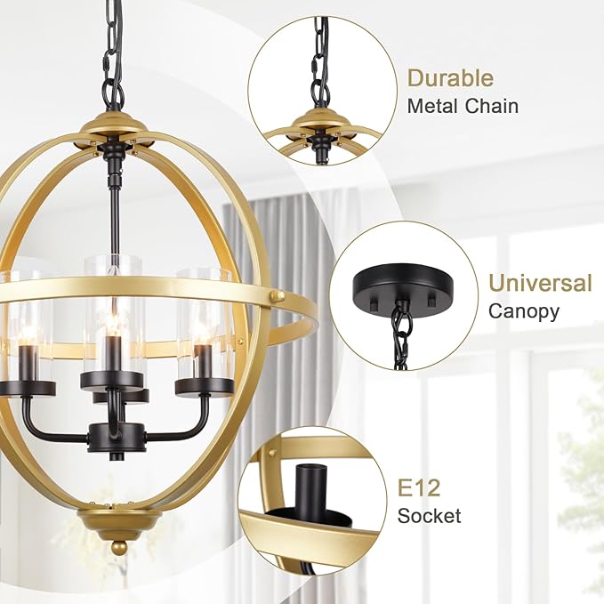 Treekee Chandelier Farmhouse Hanging Lighting, 4-Light Globe Orb Chandelier, Adjustable Modern Farmhouse Pendant Light Fixture for Dining Entryway Foyer, Gold