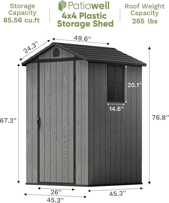 Patiowell 4 x 4 FT Plastic Outdoor Storage Shed with Floor, Garden Tool Shed with Two Windows and Single Lockable Door for Garden, Backyard, Lawn, Easy to Install, Dark Grey