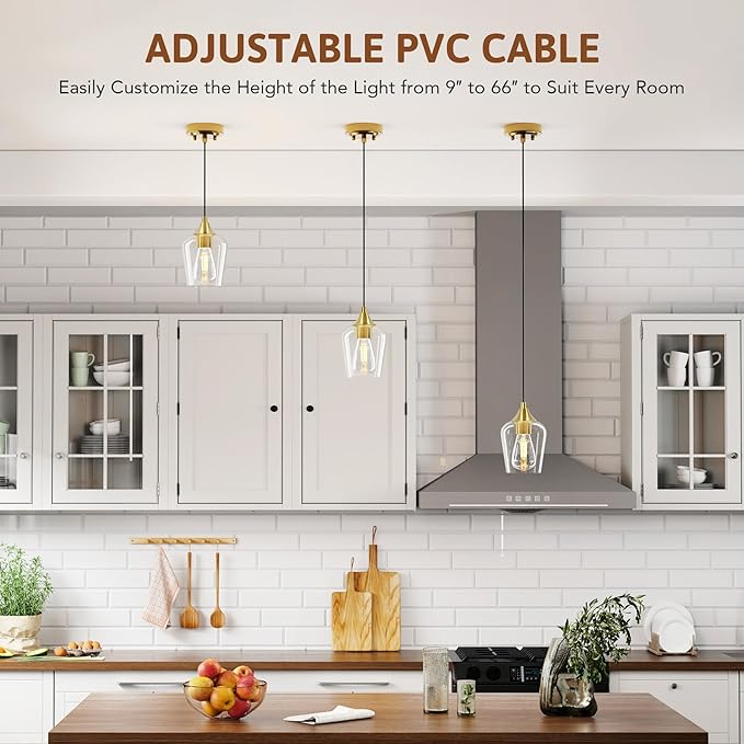 VONLUCE Pendant Light Kitchen Island, Brushed Gold Pendant Light Fixture with E26 Base & Adjustable Cable, Modern Pendant Lighting with Glass Shade for Living Room Bedroom Hallway