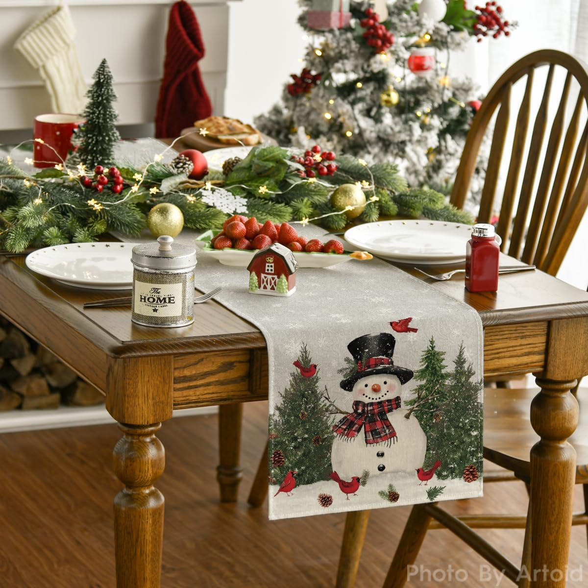 Artoid Mode Snowman Birds Trees Christmas Table Runner, Seasonal Silver Winter Holiday Kitchen Dining Table Decoration for Home Party Decor 13 x 60 Inch