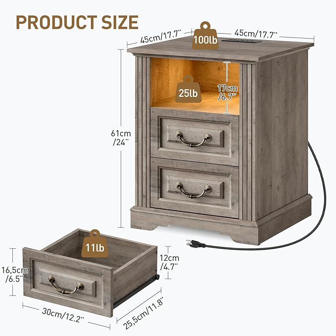 Farmhouse Nightstand Set of 2, Wooden Night Stand with Charging Station, LED Bedside Table with Drawers, Rustic Sofa Side Table, End Table for Bedroom, Living Room, Greige