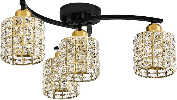 Flush Mount Ceiling Light, 4-Light Black and Gold Semi Flush Mount Lighting Fixture, Modern Farmhouse Ceiling Lamp with Crystal Shade for Bedroom, Living Room, Kitchen, Hallway