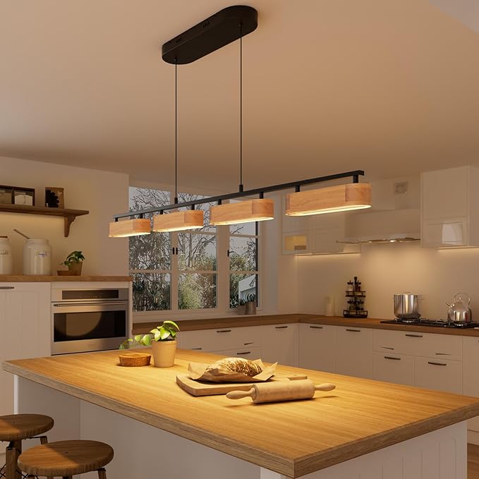 50.2" Linear Island Lights for Kitchen, 38W Wood Chandeliers for Dining Room, LED Rustic Dimmable Lighting Fixture for Farmhouse, 4-Light Pendant Lights for Kitchen Island Over Table