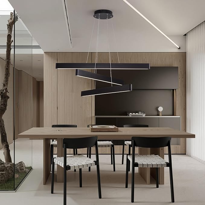 3-Light Solid Wood Black Linear Pendant Light - Dimmable Modern LED Chandelier for Dining Room Table Kitchen Island Living Room Ceiling - 45W Warm Light Adjustable Hanging Fixture Black